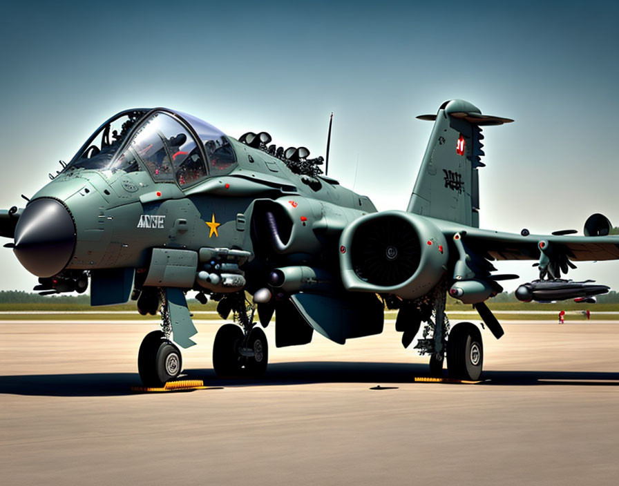 Camouflaged military jet with external stores on a clear runway