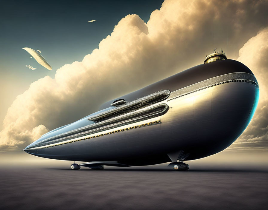 Sleek futuristic airship and smaller craft in serene sky