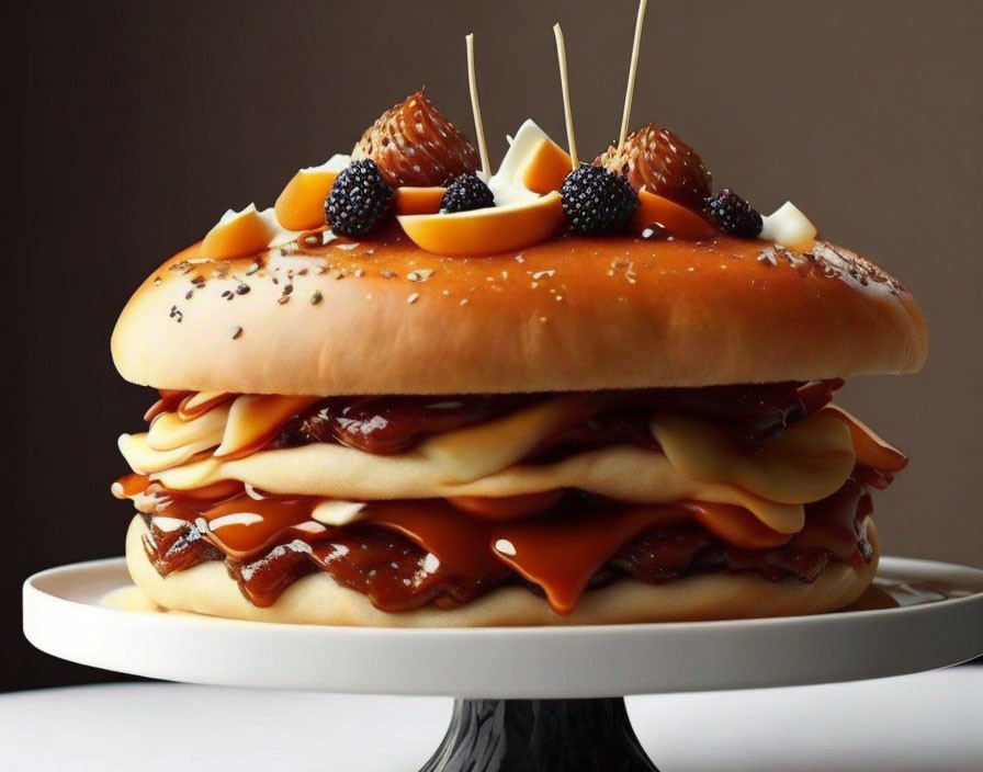 Cheeseburger with Figs and Blackberries on White Plate