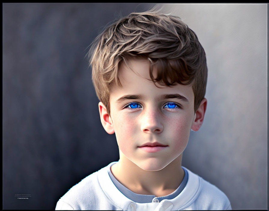 Young boy portrait: Striking blue eyes, tousled brown hair, intense gaze