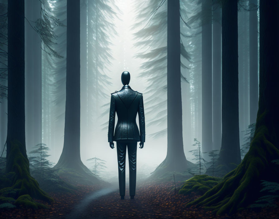 Misty forest scene with humanoid figure among tall trees