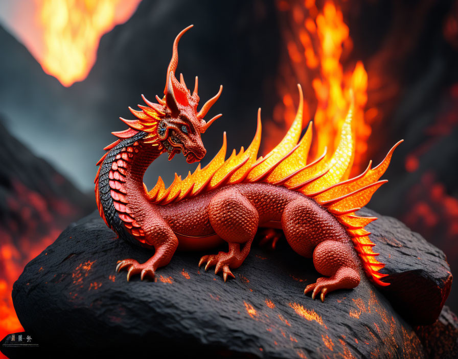 Red and Orange Dragon Figurine on Rock with Fiery Lava Background