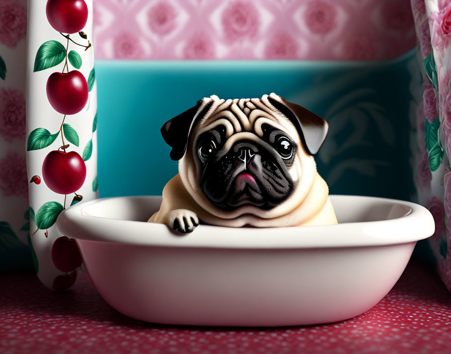 Wrinkled-face pug in white bathtub with cherry theme