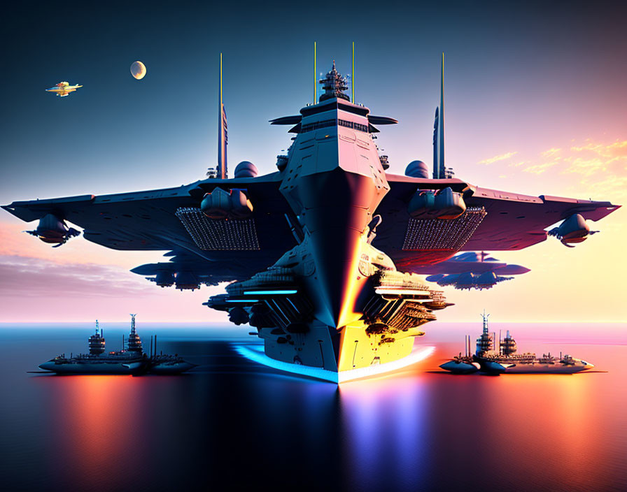 Futuristic fleet with central spaceship and smaller ships against ocean sunset.