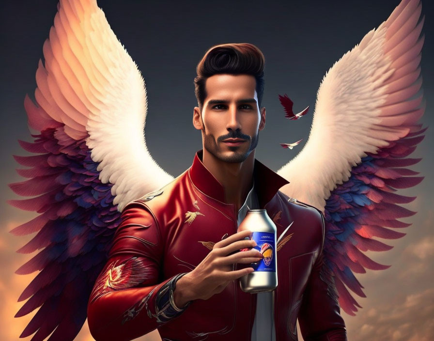 Man with angelic wings in red jacket holding beverage bottle with serene sky background.