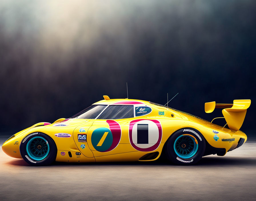 Vibrant yellow race car with colorful stripes and decals parked outdoors