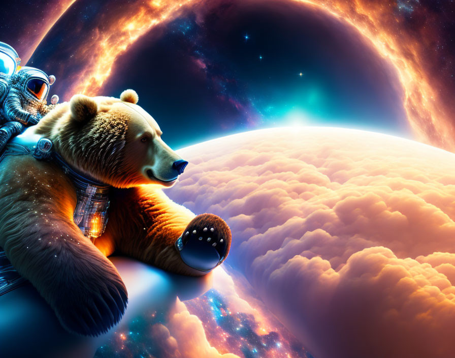 Space-themed artwork featuring astronaut bear, nebula, and orange-clouded planet.