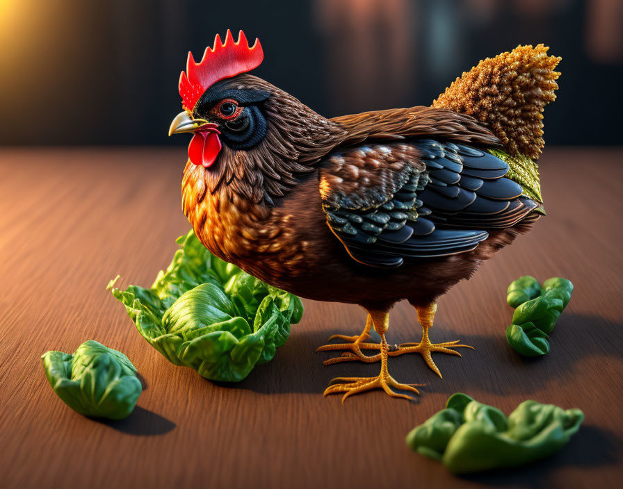 Brown chicken with red comb among Brussels sprouts on wooden surface