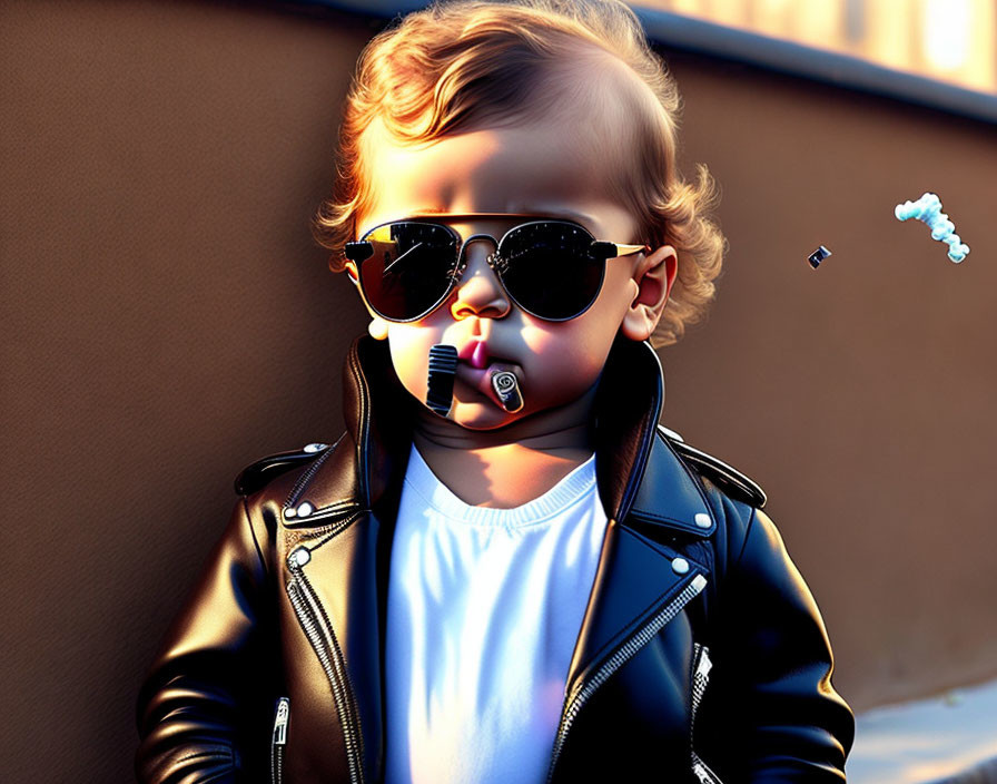 Cartoon baby with sunglasses and leather jacket blowing bubbles.