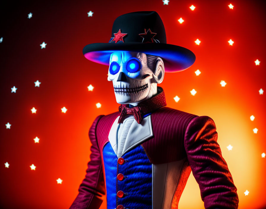 Colorful Skeleton Figure in Blue Hat and Red Bowtie on Starry Red Background