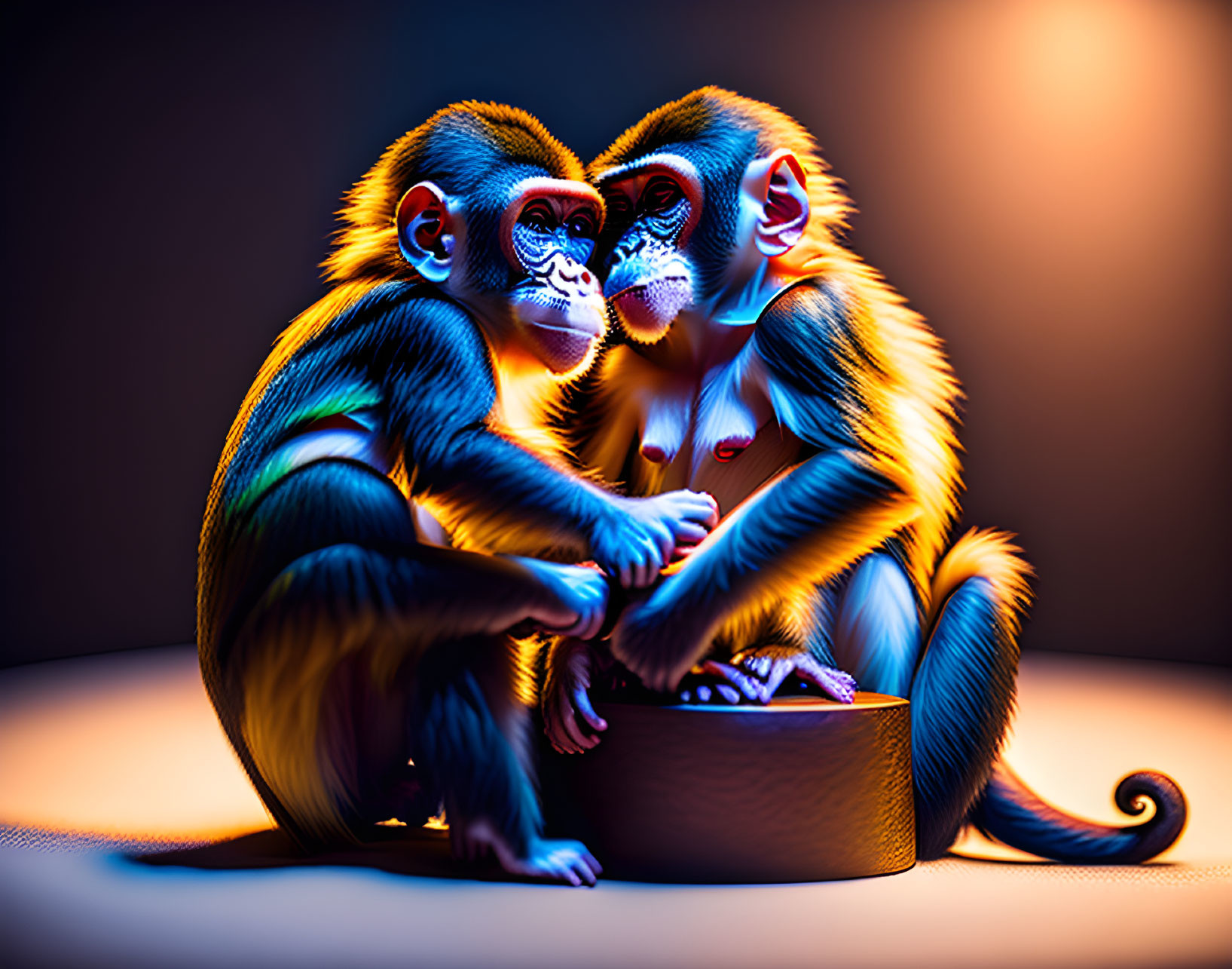 Two monkeys sharing food under dramatic lighting