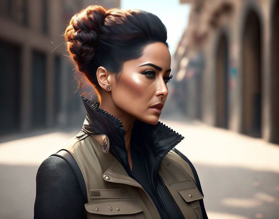 Digital art portrait of a woman with sleek bun hairstyle, winged eyeliner, and trench coat on