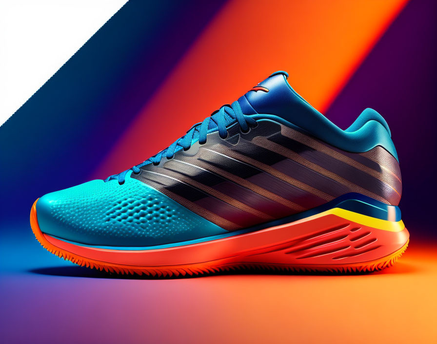 Colorful Sports Shoe with Blue-to-Orange Gradient Upper on Striped Sides