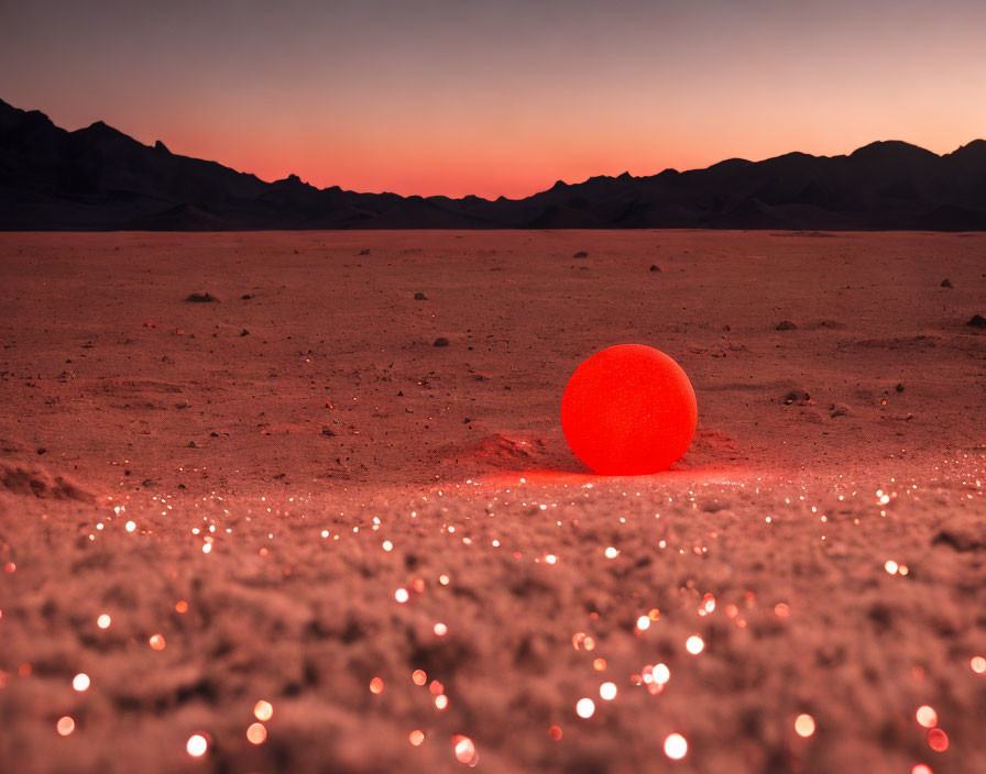 Red glowing orb in desert twilight with sparkles on ground