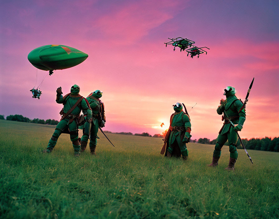 Futuristic green-armored individuals watch drones and airship in twilight sky