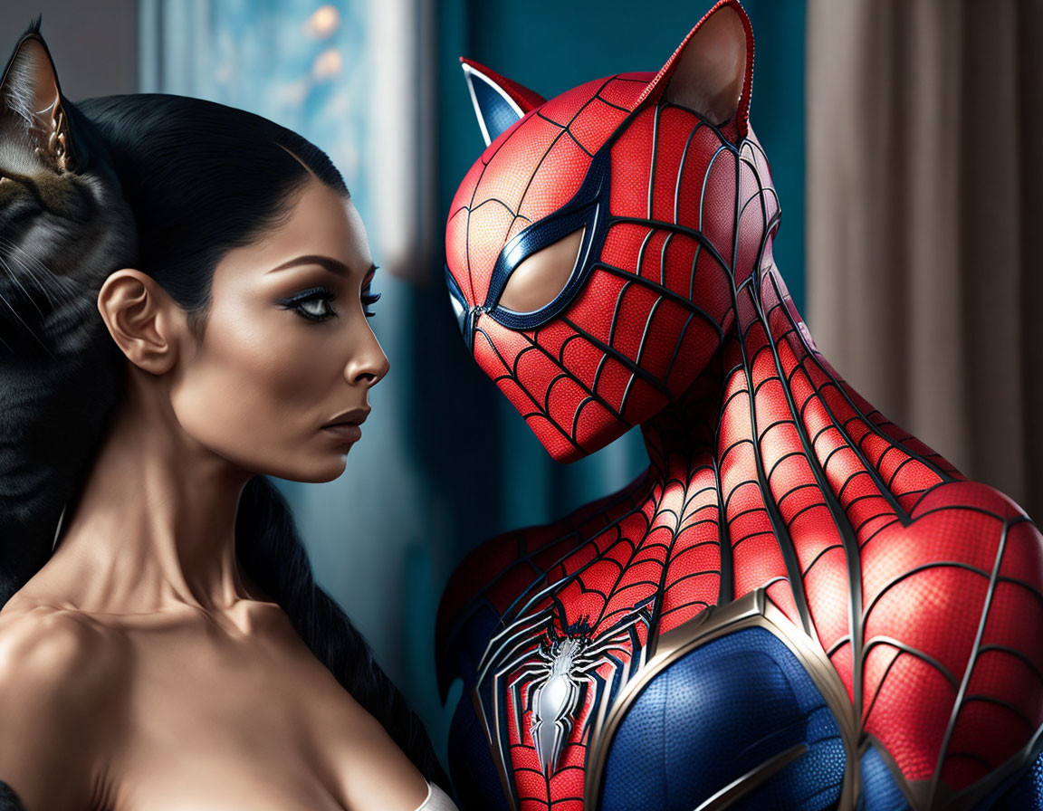 Detailed Spider-Man costume face-off with intense woman gaze