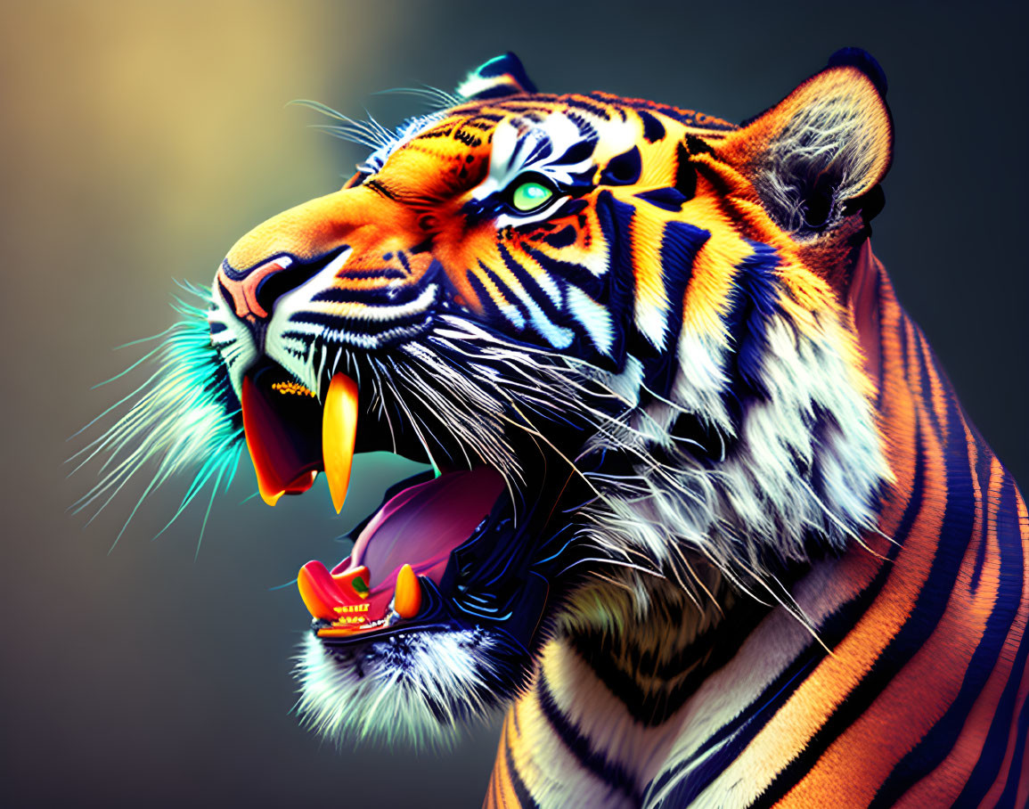 Vivid digital artwork of snarling tiger with exaggerated fangs