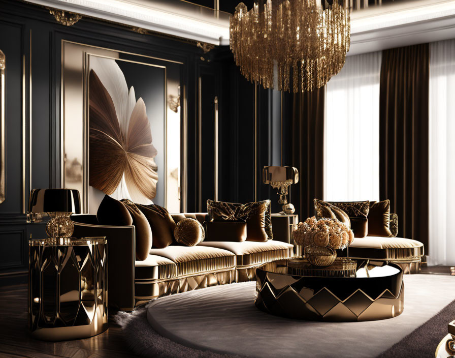 Luxurious Room Decor with Golden Accents and Plush Seating