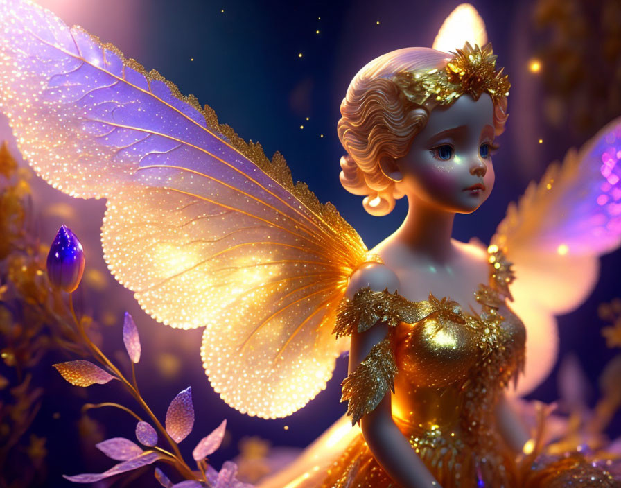 Enchanted fairy girl with glowing wings in magical forest.