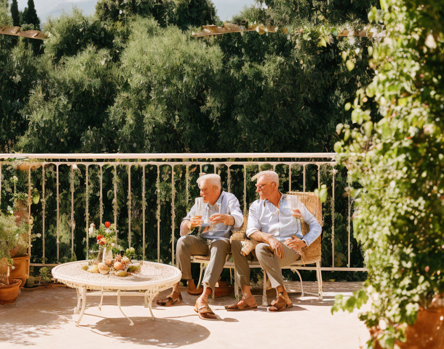 Elderly men conversing at patio table in sunny outdoor setting