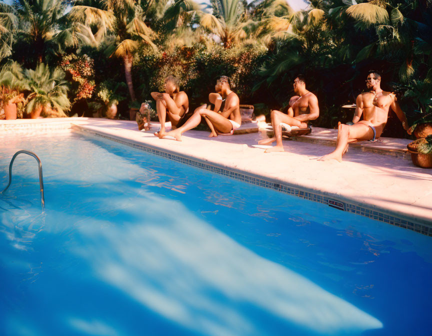 Four people sitting by pool with feet in water, surrounded by lush tropical plants under clear blue sky