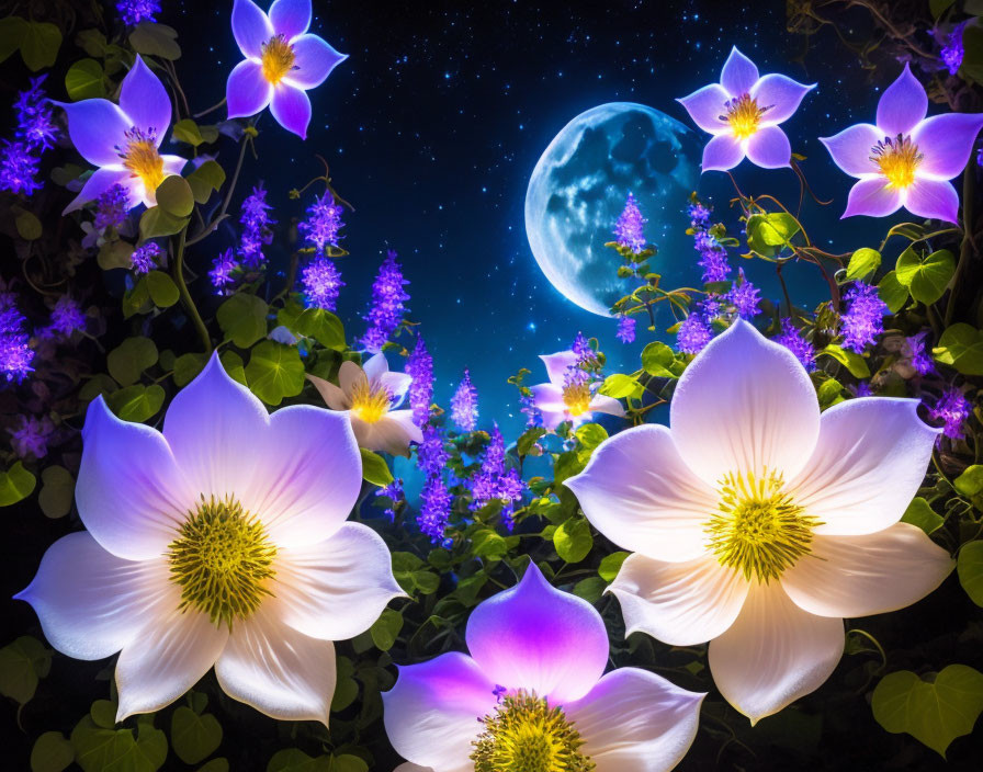 Vibrant digital art: white and purple flowers under starry sky