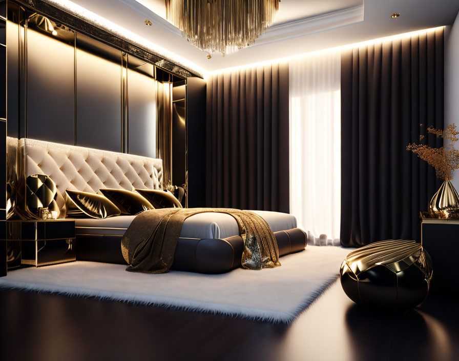 Elegant Black and Gold Decor in Luxurious Bedroom