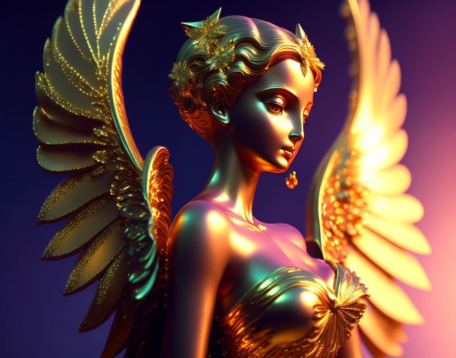 Golden 3D Female Figure with Angelic Wings and Ornate Headdress on Purple Background