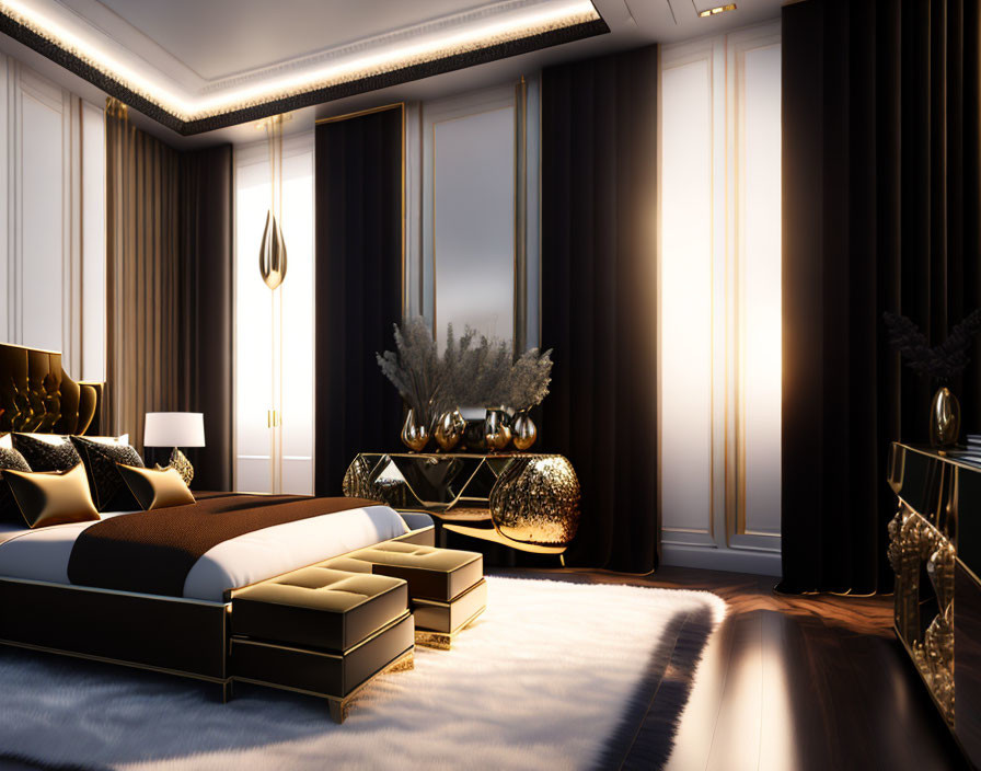 Luxurious Bedroom with Large Bed, Plush Ottoman, Elegant Decor, and Ambient Lighting