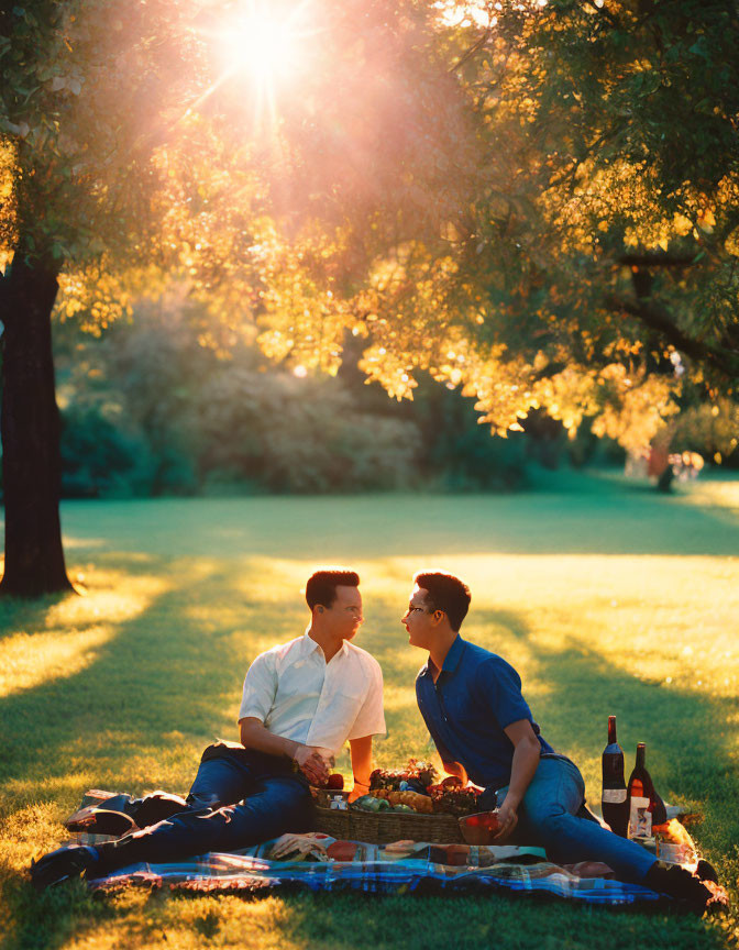 Couple having a picnic under tree with sun rays at golden hour