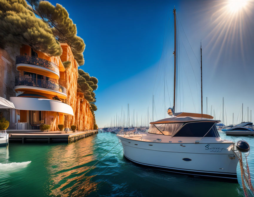 Luxury yacht near coastal buildings and pine trees under clear blue sky with sun