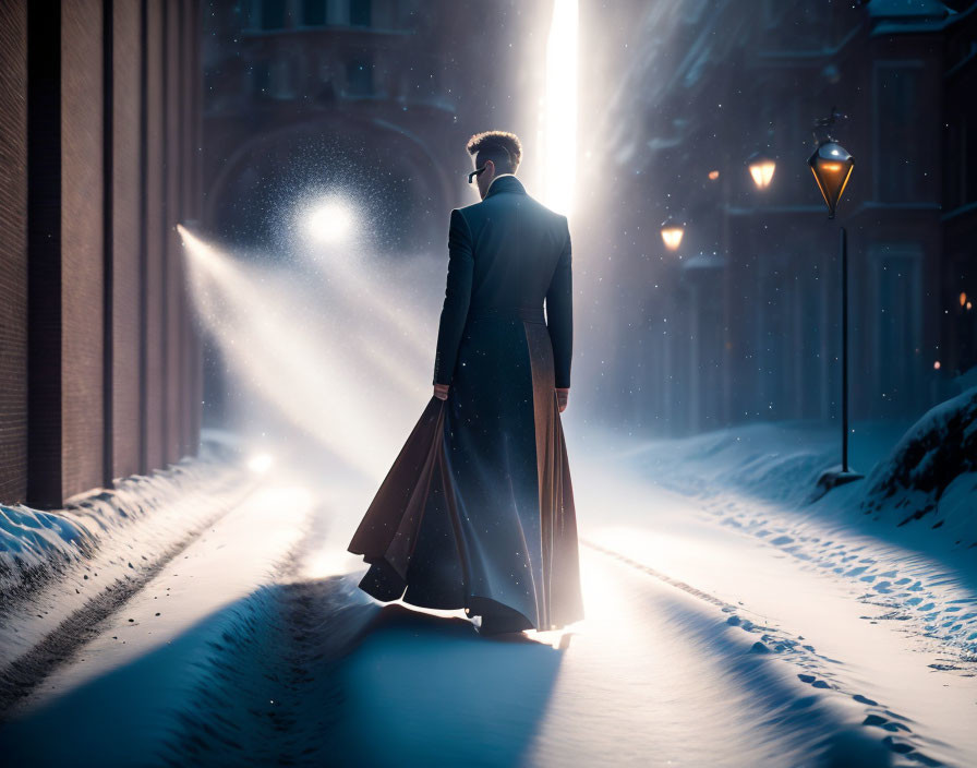 Man in coat gazes at bright light in snow-covered alleyway at night