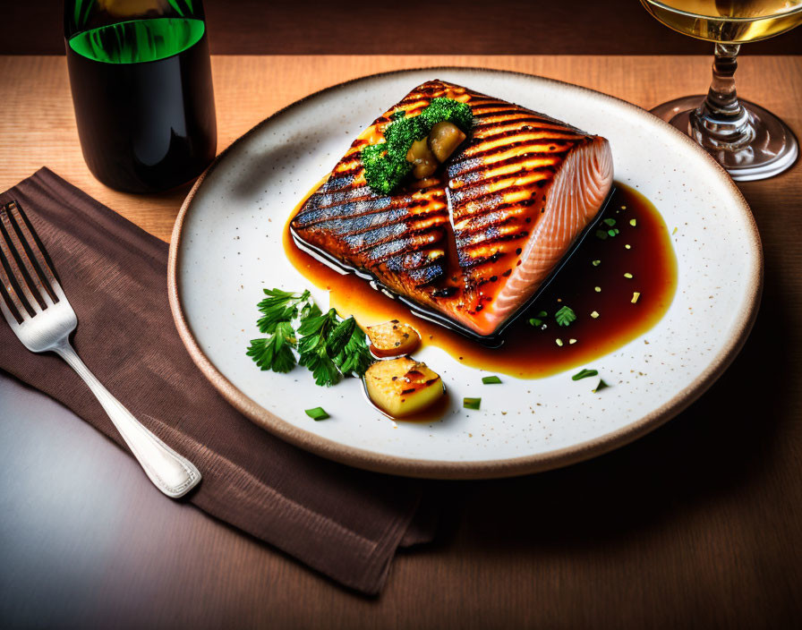 Grilled Salmon Fillet with Potatoes, Parsley, and Olives on Wooden Table