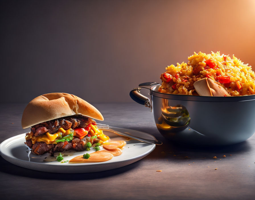 Cheeseburger with Toppings Next to Steaming Rice and Vegetables