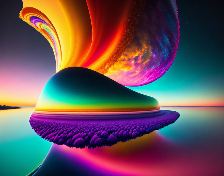 Colorful Abstract Landscape with Spiral Nebula Structure at Sunset