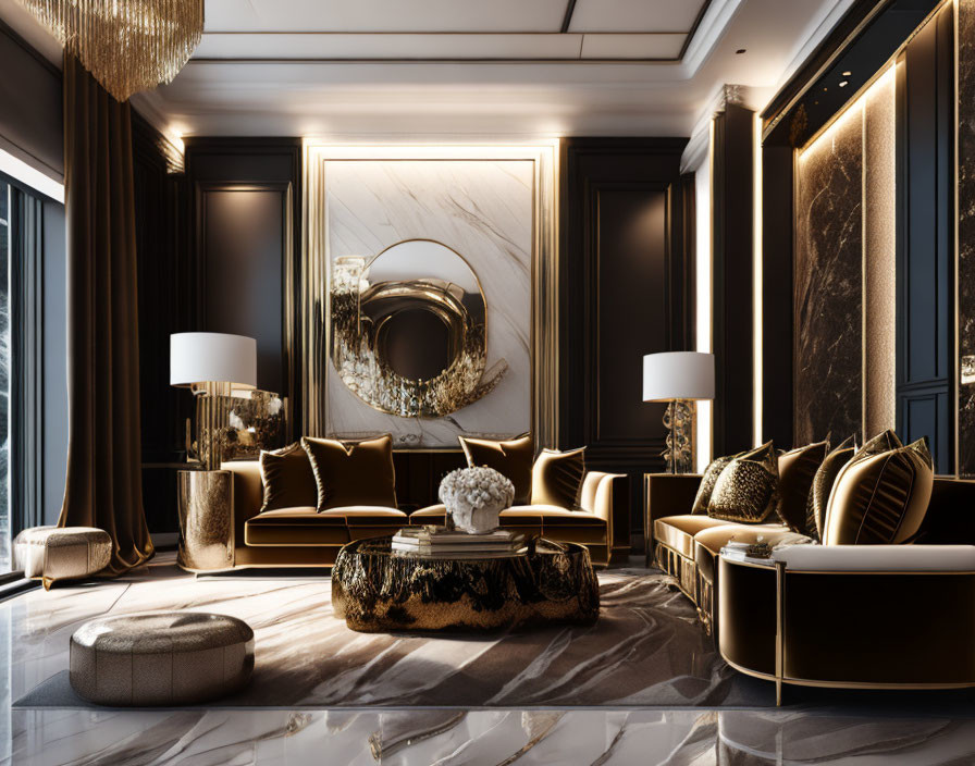 Elegant Gold and Black Decor Living Room with Plush Sofas