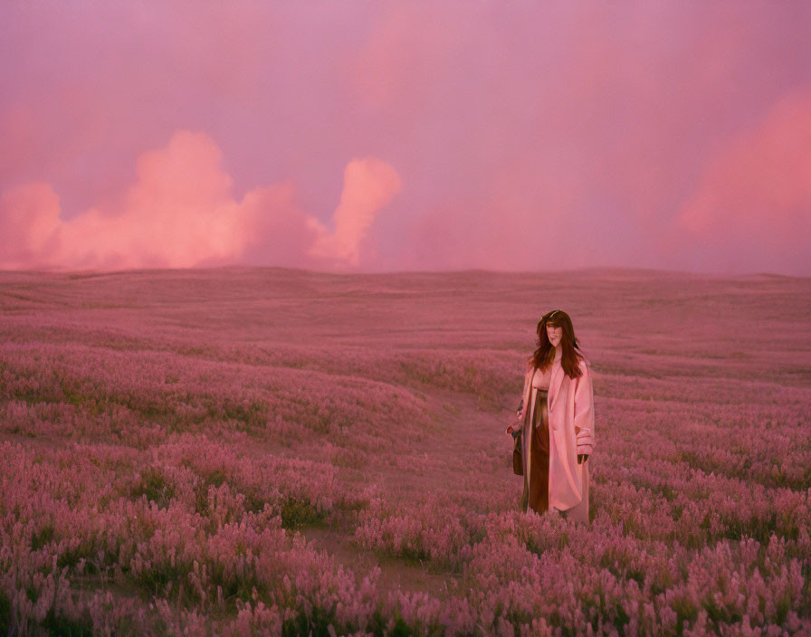 Woman in coat and hat standing in purple flower field under pink sky