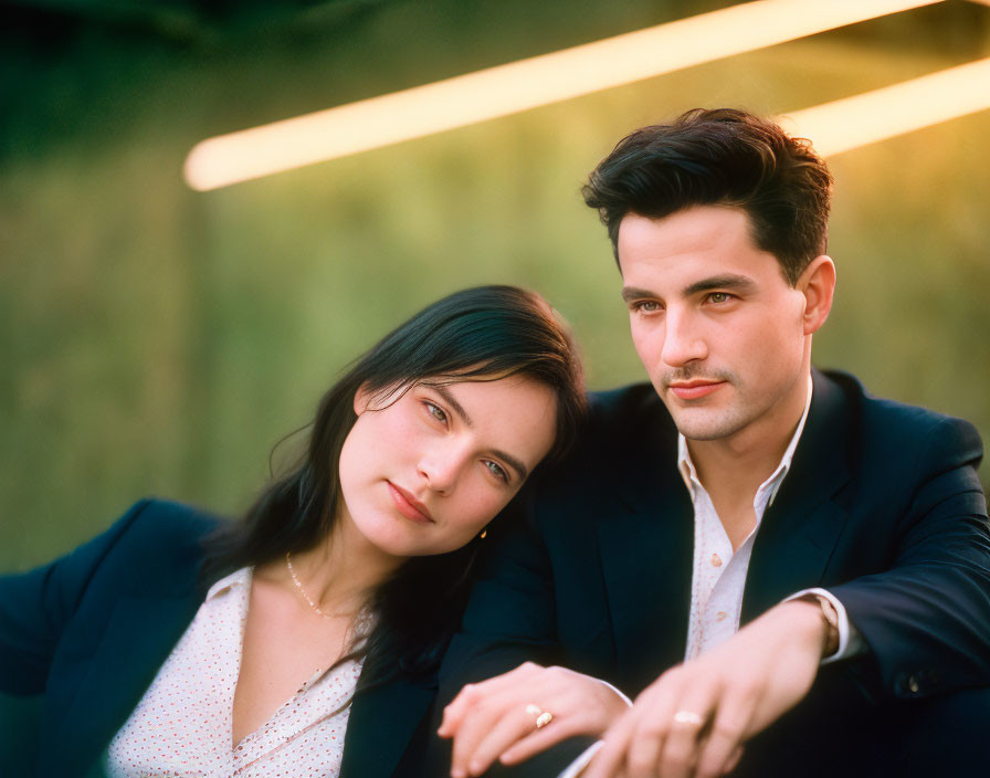 Couple in formal attire posing closely against soft-focus background