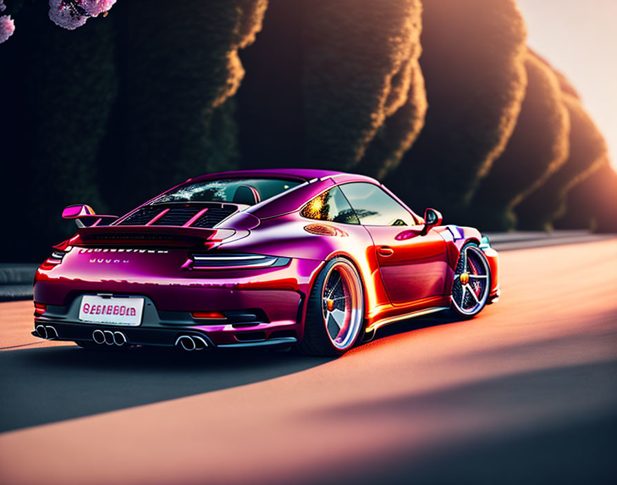 Red sports car parked on road at sunset with tree backdrop