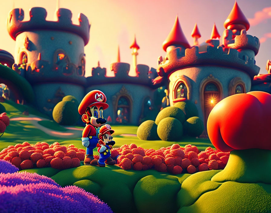 Mario and Luigi in Colorful Landscape with Castles