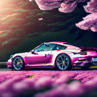 Pink sports car under cherry blossoms and magenta backdrop