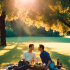 Couple having a picnic under tree with sun rays at golden hour