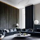 Luxurious Living Room with Dark Velvet Sofa, Gold and Green Accents