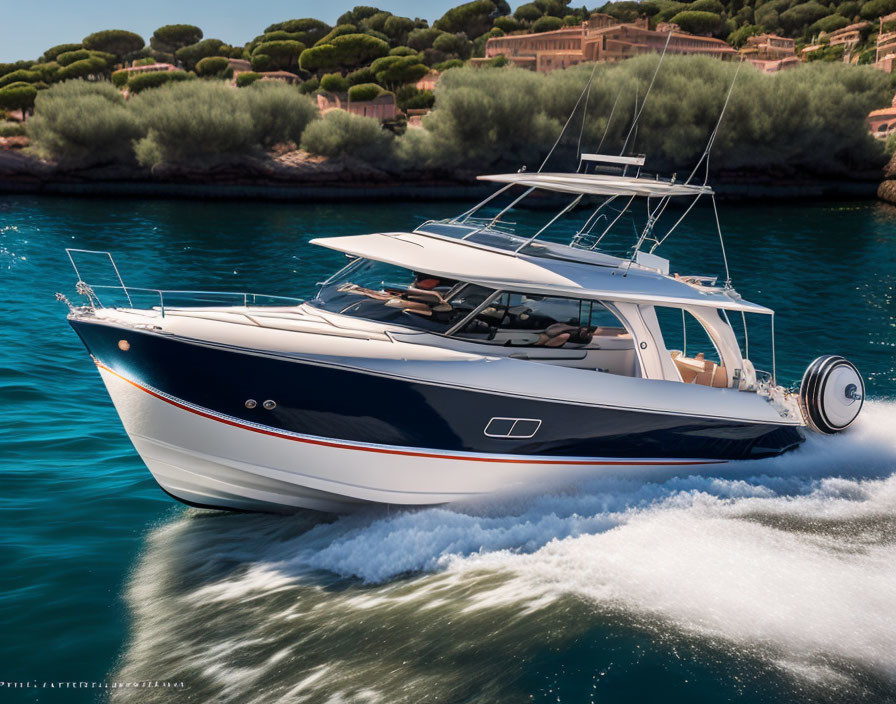 Speeding White and Blue Motorboat Near Coastal Greenery