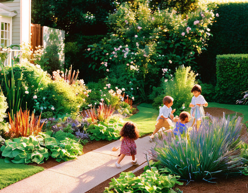 Children playing in vibrant garden with lush greenery