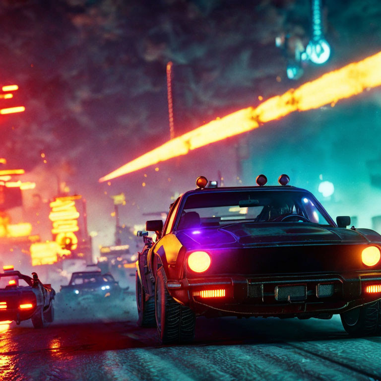 Muscle car with purple headlights speeds through neon-lit futuristic cityscape