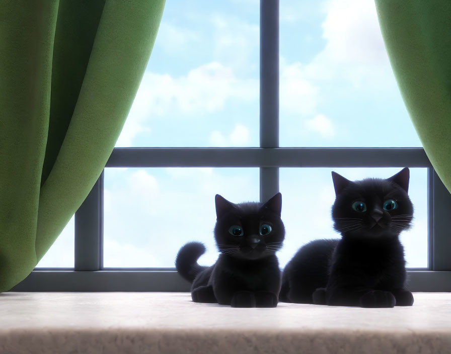 Two Black Cats with Striking Blue Eyes Sitting by a Window