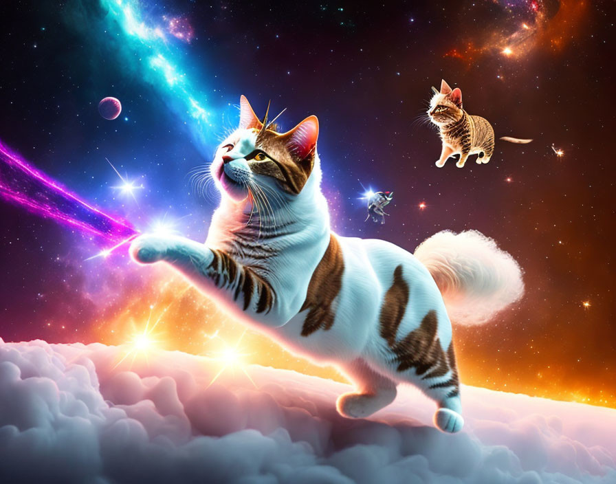 Two cats on cosmic background with stars and nebulae, one jumping over clouds.