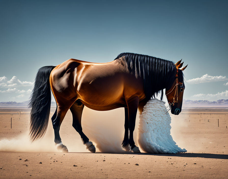 Chestnut horse with black mane in desert wearing bridle