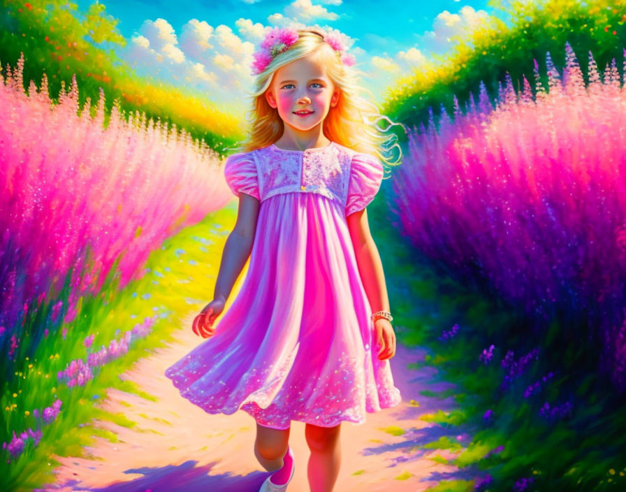 Young girl in pink dress strolling through vibrant, colorful garden with pink and purple flowers under sunny sky